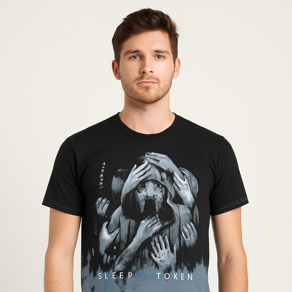Sleep Token Band Tee Hands Hood Graphic T-Shirt Black Bleach Dye Unisex Small - Picture 1 of 8